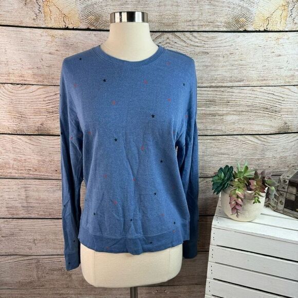 Anthropologie Sundry‎ Starry Hearts Sweatshirt Blue Pullover Size 2 Medium - Picture 1 of 8